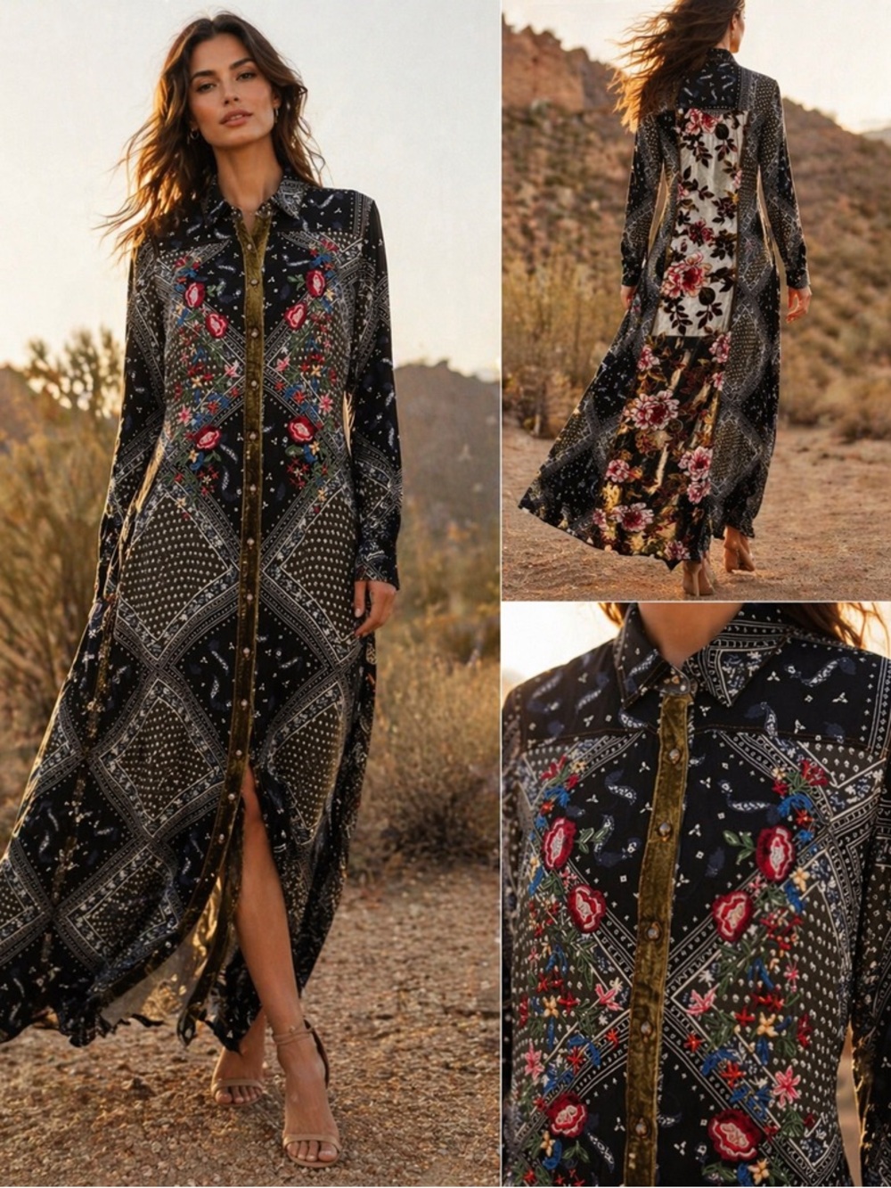 Anita Frey Designs Boho Duster Dress Velvet Burnout Embroidered Beaded Sz S